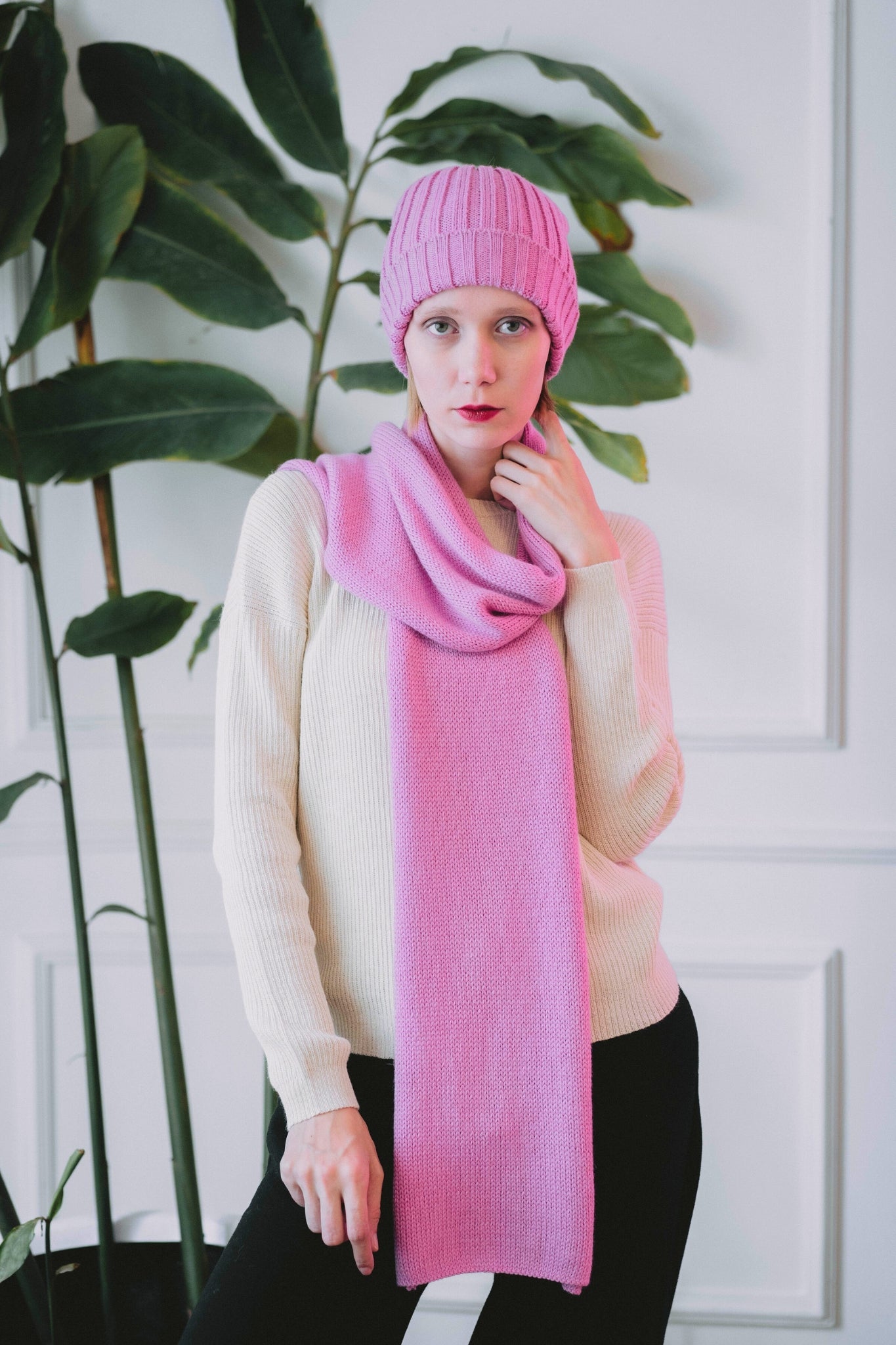BUFANDA Y GORRO "MAYU" ROSA - 100% BABY ALPACA