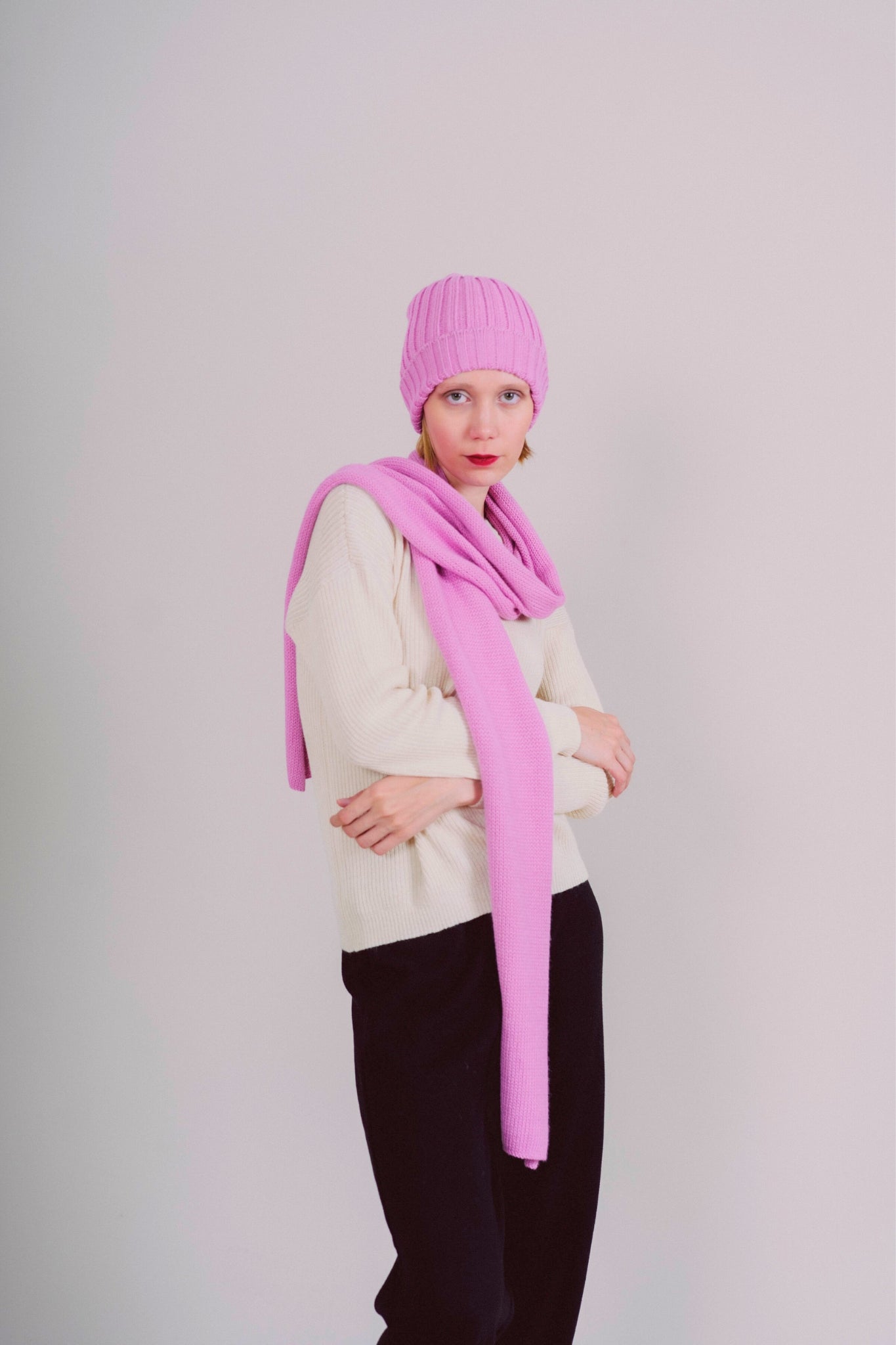 BUFANDA Y GORRO "MAYU" ROSA - 100% BABY ALPACA